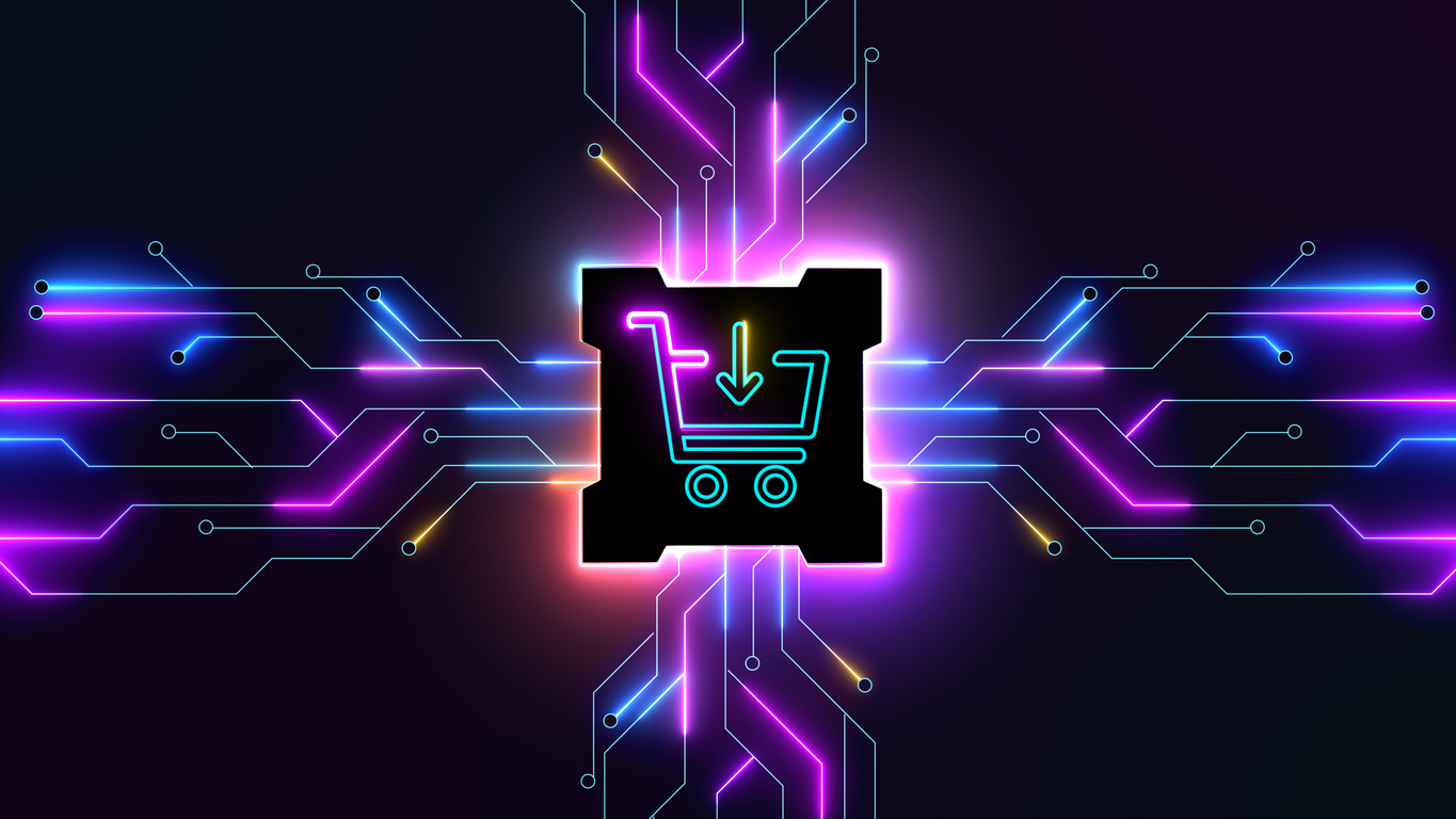 Online shopping icon on circuit board